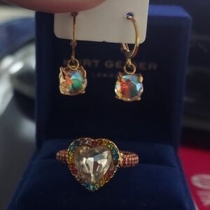 Kurt Geiger Heart Ring NWOT with Multicolor Stones Sz 7 and Earrings